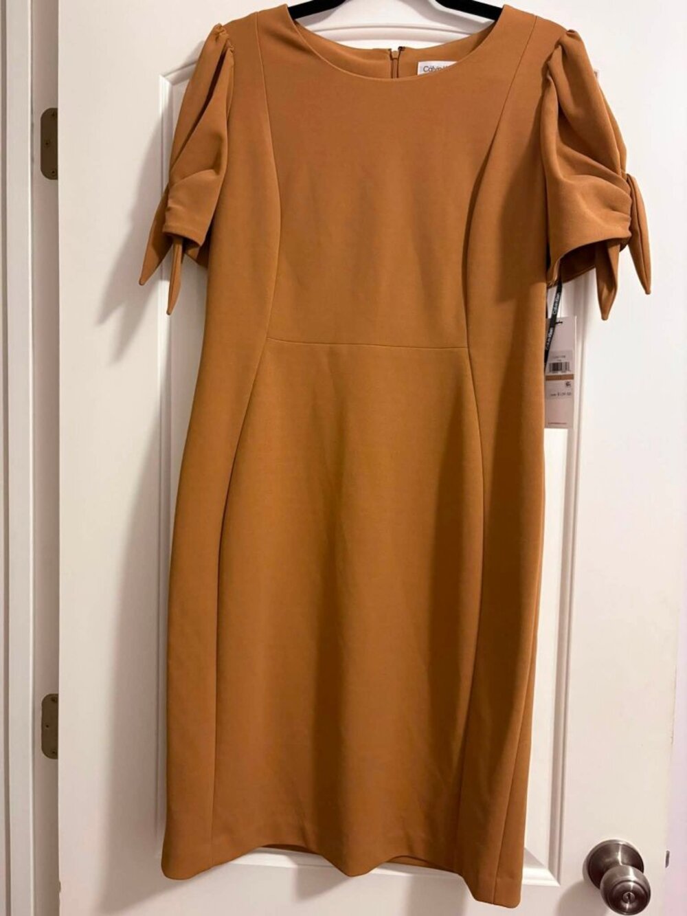 Calvin Klein Camel Bow Sleeve Sheath Midi Dress
